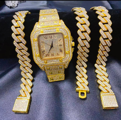 LUXURY ICED WATCH + CHAIN + BRACELET FOR MENS