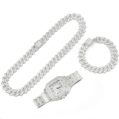 LUXURY ICED WATCH + CHAIN + BRACELET FOR MENS